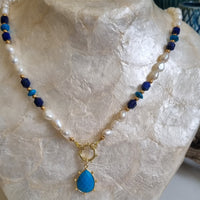 Sonda Pearl Necklace with turquoise and Lapis Lazuli