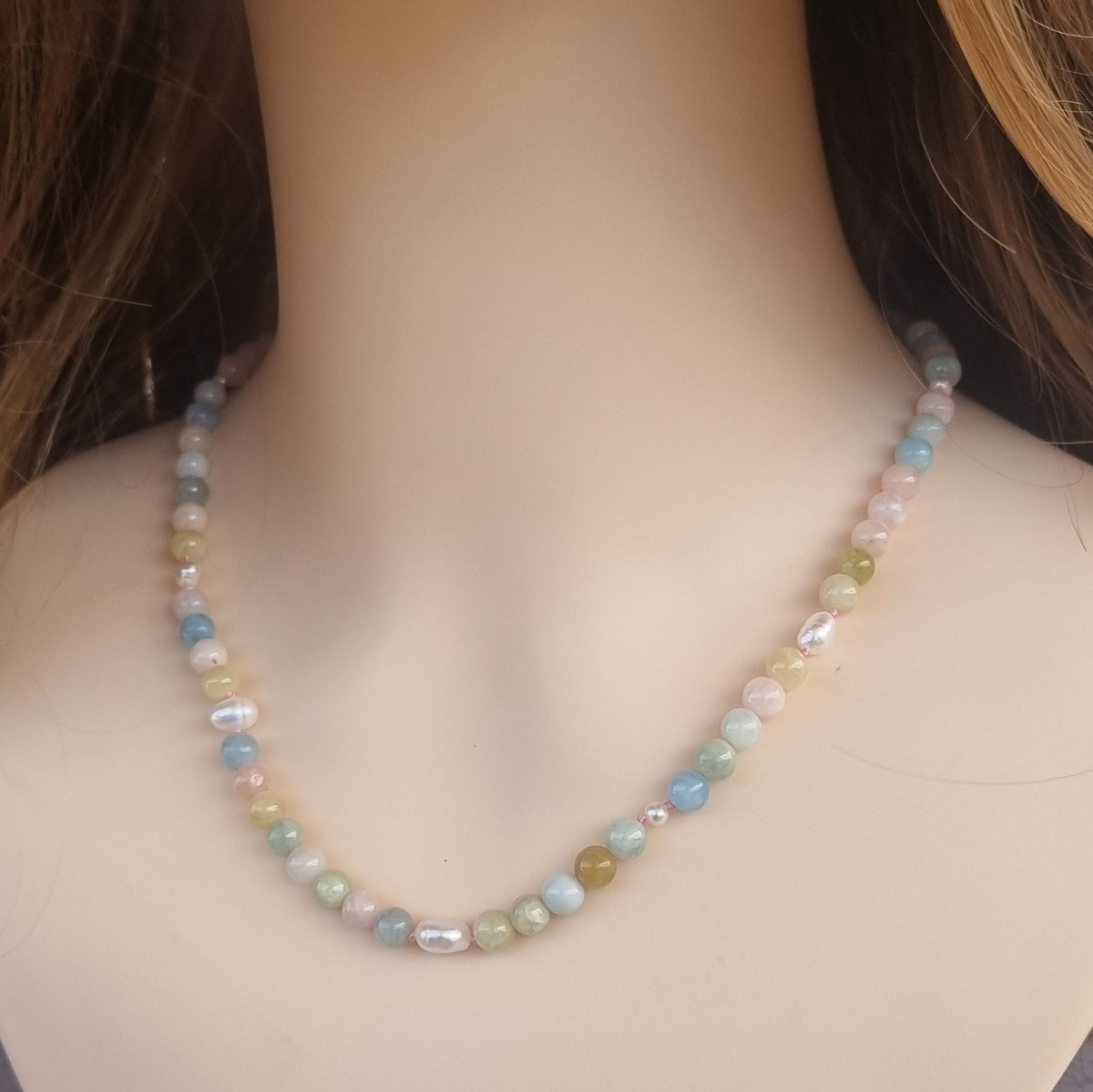 Sugerloaf Pearl Necklace in Beryl-Morganite, Aquamarine and Emerald
