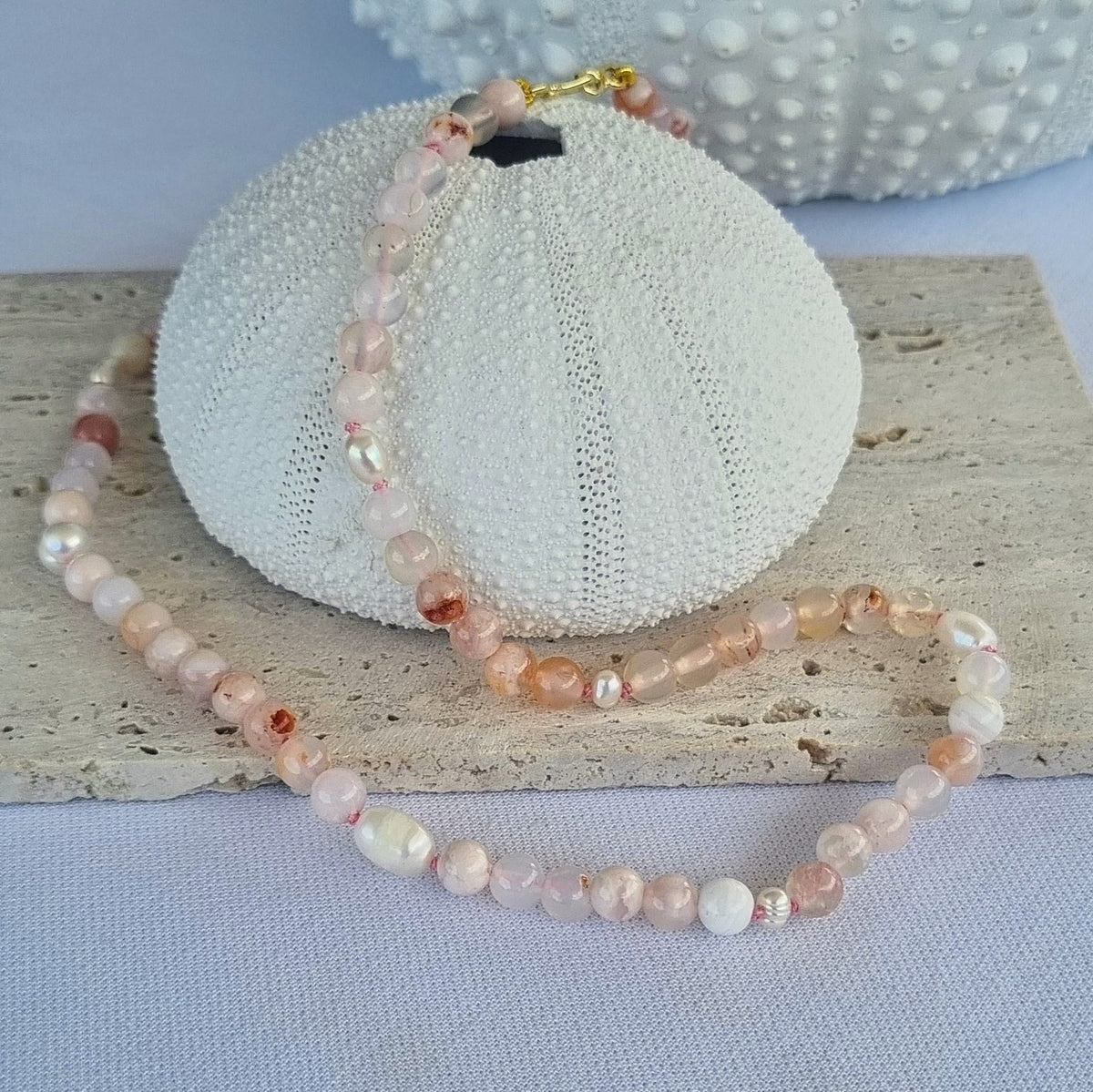 Sugerloaf Pearl Necklace in Cherry Blossom Agate