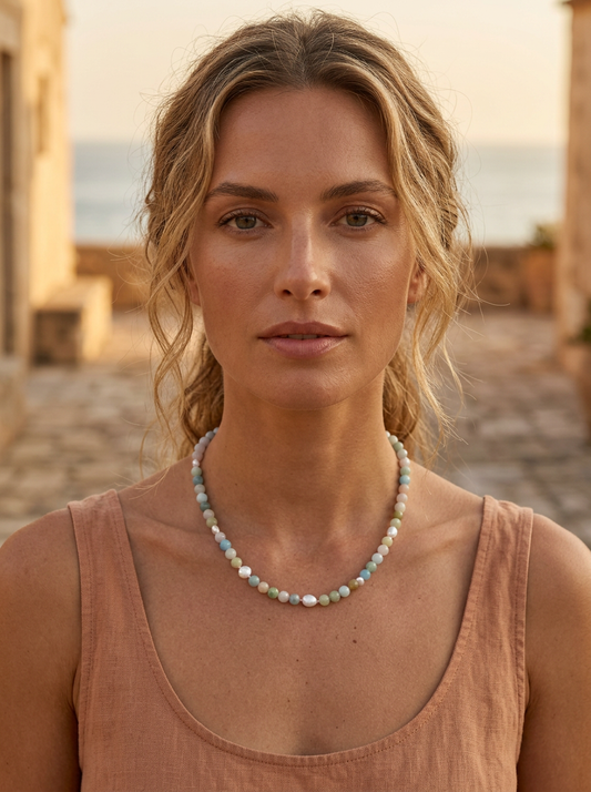 Sugerloaf Pearl Necklace in Beryl-Morganite, Aquamarine and Emerald
