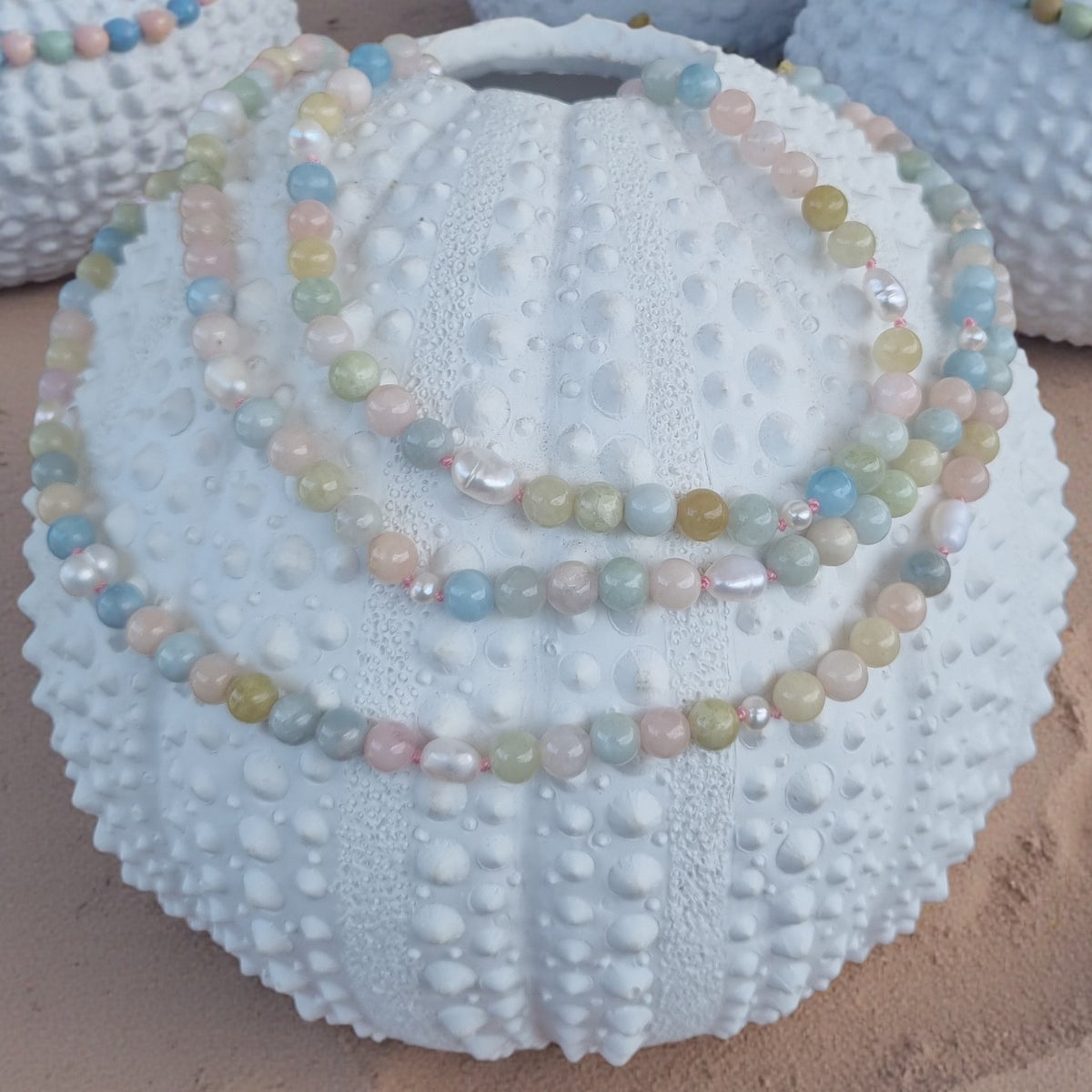Sugerloaf Pearl Necklace in Beryl-Morganite, Aquamarine and Emerald