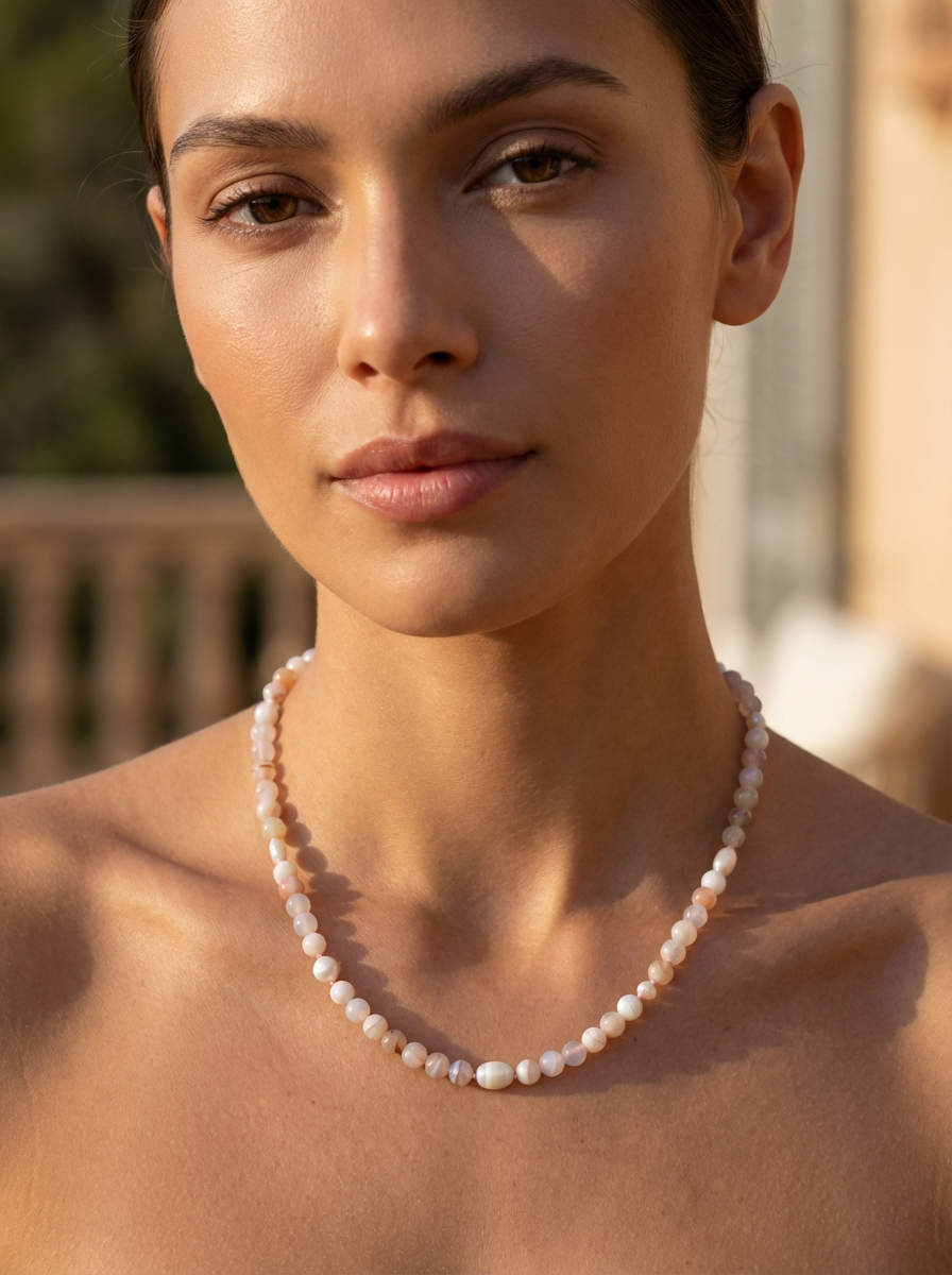 Sugerloaf Pearl Necklace in Cherry Blossom Agate