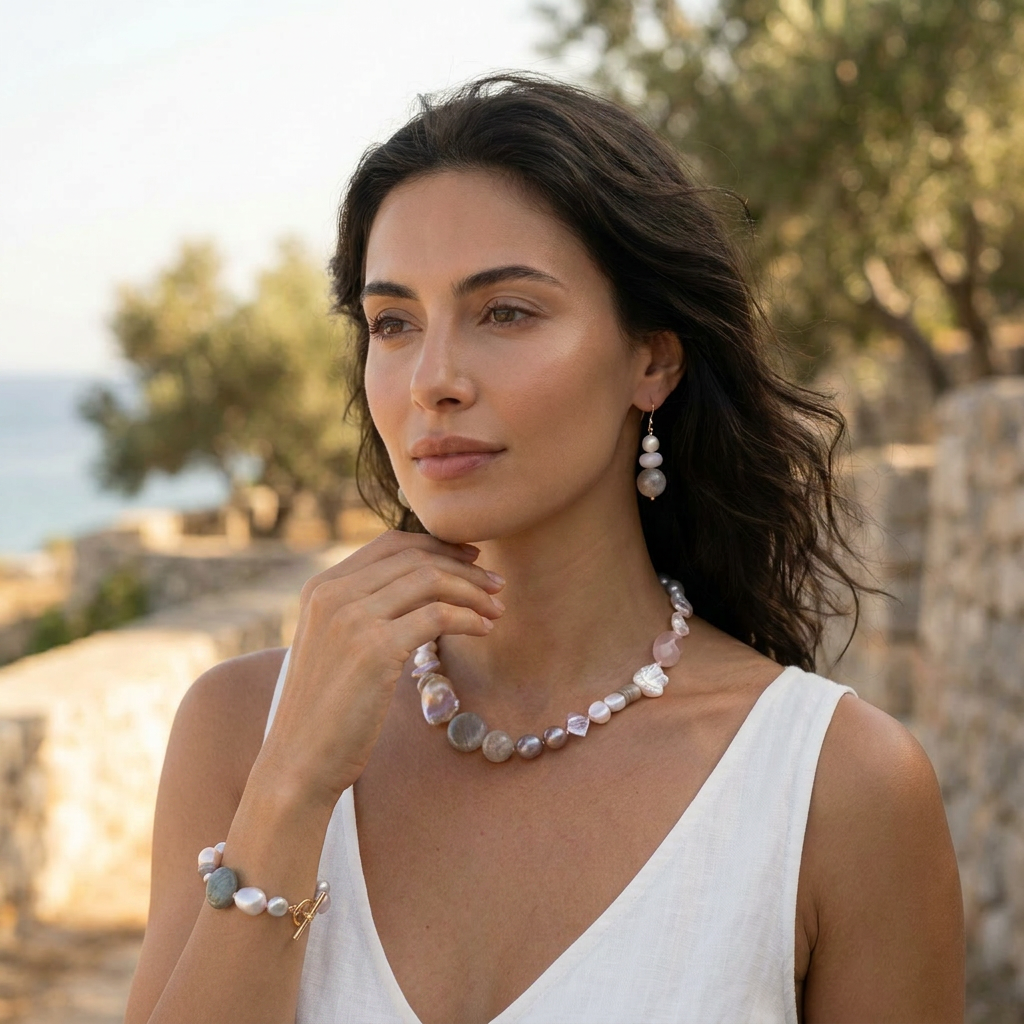 Terravita Pearl, Labradorite and Kunzite Earrings, necklace and bracelet