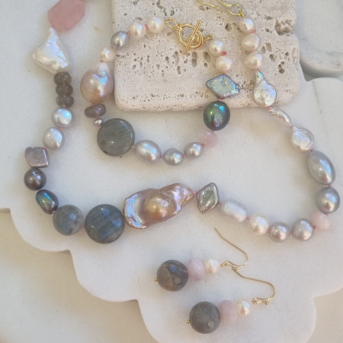 Terravita Pearl, Labradorite and Kunzite Earrings, necklace and bracelet