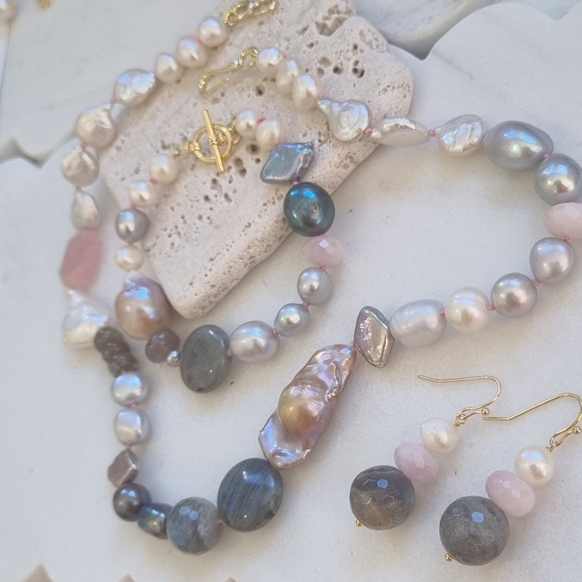 Terravita Pearl, Labradorite and Kunzite Earrings, necklace and bracelet