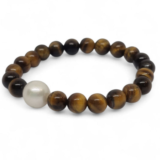 Tiger Eye and Freshwater Pearl Elastic Bracelet