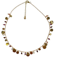 Tiny Brushed Disc Charm Necklace with Ruby Pink Opal and Garnet
