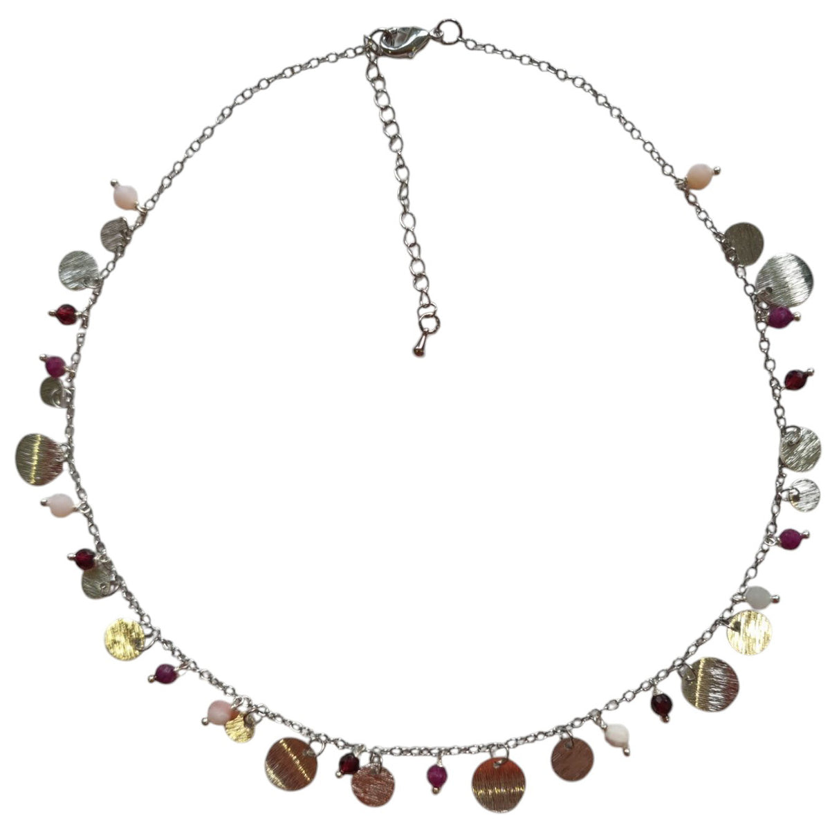 Tiny Brushed Disc Charm Necklace with Ruby Pink Opal and Garnet