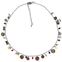 Tiny Brushed Disc Charm Necklace with Ruby Pink Opal and Garnet