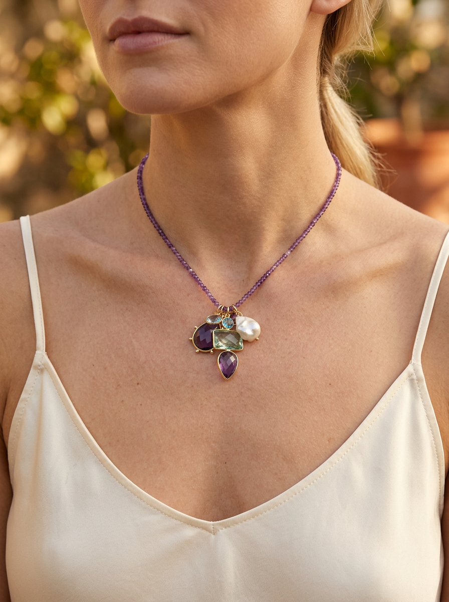 Tiny Beaded Sterling Silver Necklace in Amethyst