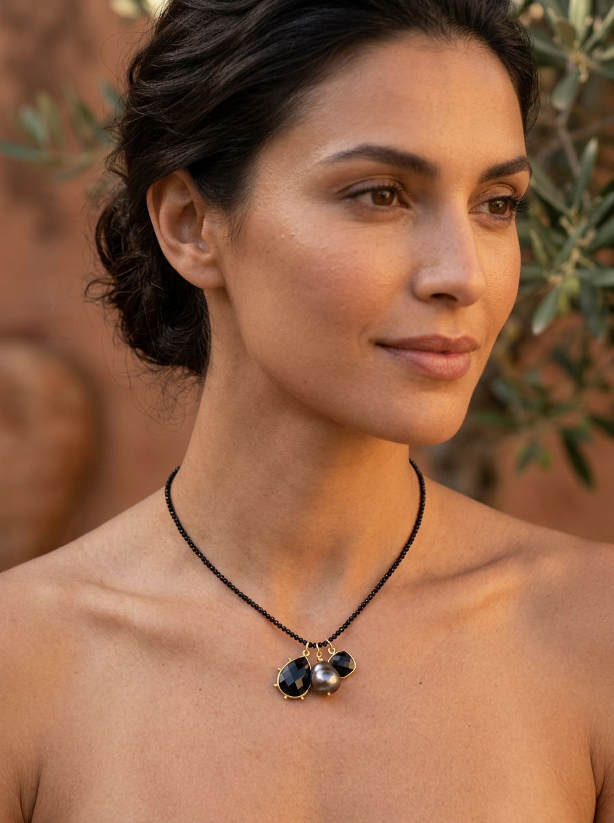 Tiny Beaded Sterling Silver Necklace in Black Spinel with charms