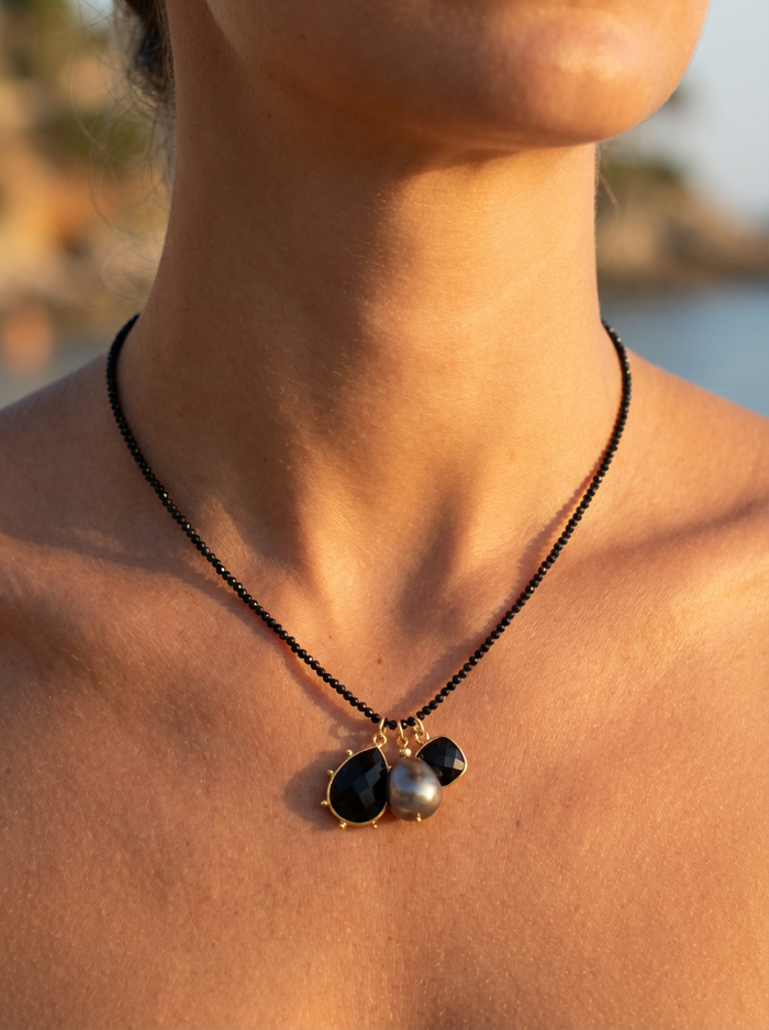 Tiny Beaded Sterling Silver Necklace in Black Spinel
