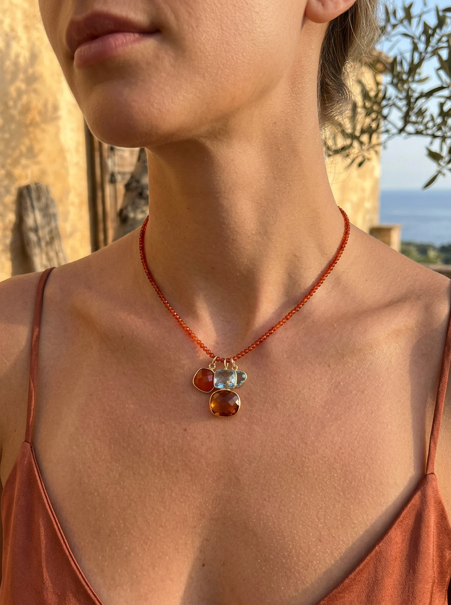 Tiny Beaded Sterling Silver Necklace in Carnelian