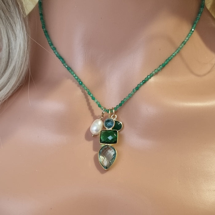 Tiny Beaded Sterling Silver Necklace in Green Onyx