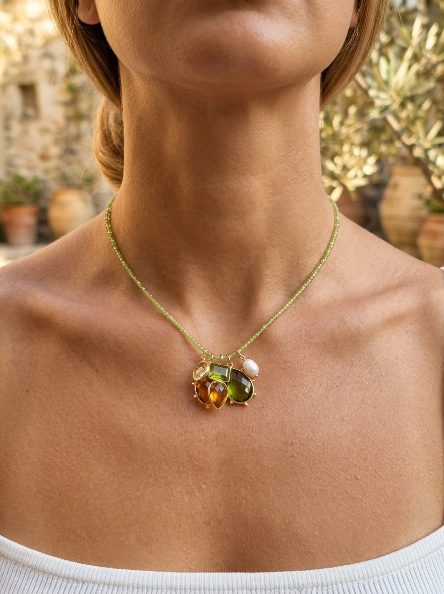 Tiny Beaded Sterling Silver Necklace in Peridot with charms