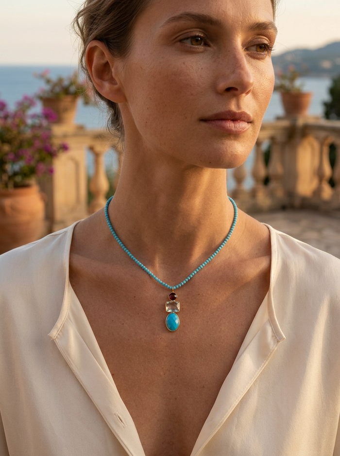 Tiny Beaded Sterling Silver Necklace in Turquoise