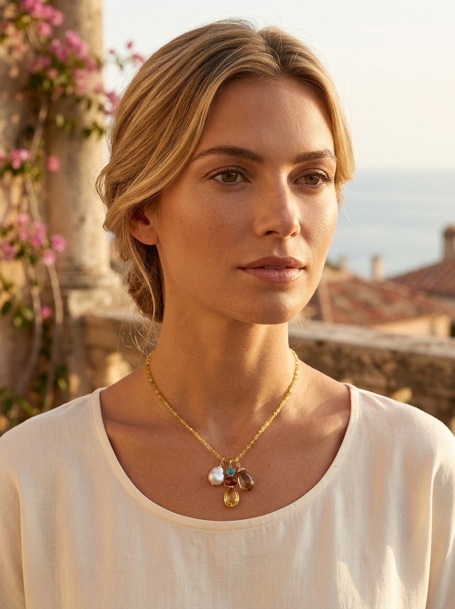 Tiny Beaded Sterling Silver Necklace in Yellow Opal