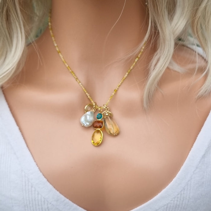 Tiny Beaded Sterling Silver Necklace in Yellow Opal