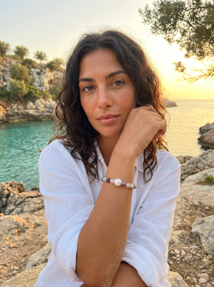 Tourmaline and Freshwater Pearl Elastic Bracelet