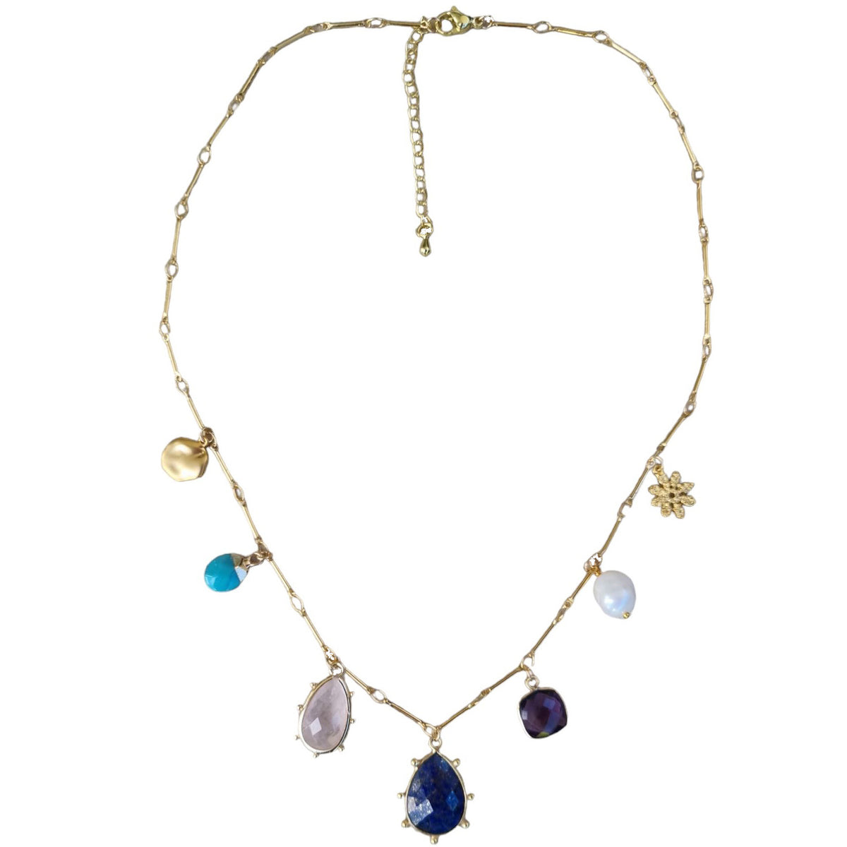 Treasured Charm Lapis Lazuli, Rose Quartz, Amethyst and Pearl Necklace