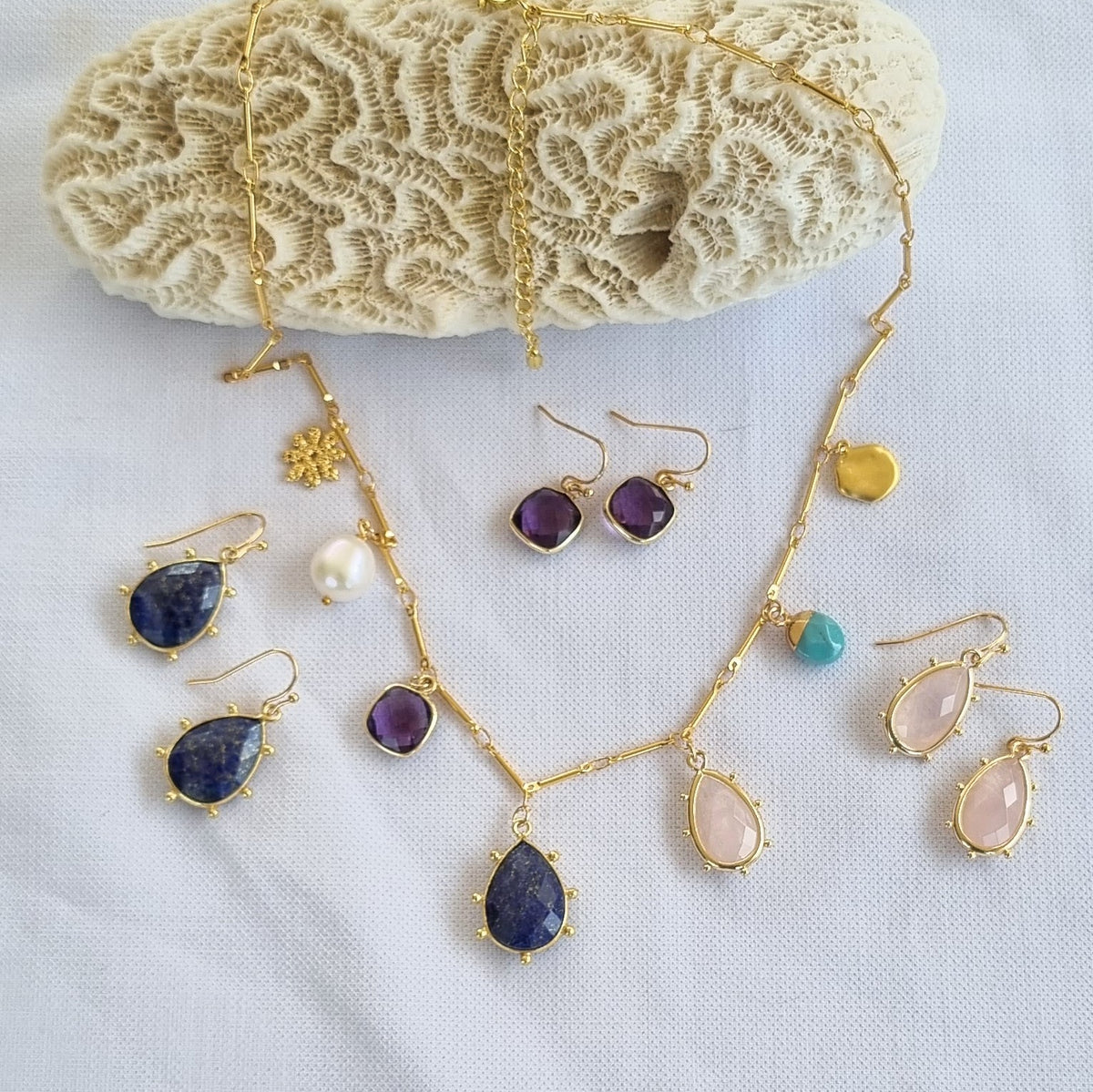Treasured Charm Lapis Lazuli, Rose Quartz, Amethyst and Pearl Necklace