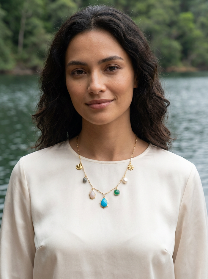 Treasured Charm Turquoise, Moonstone, Green Onyx and Pearl Necklace