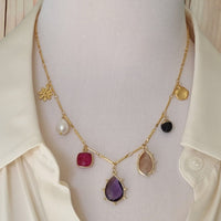 Treasured Charmed Amethyst, Sunstone, Ruby and Pearl Necklace