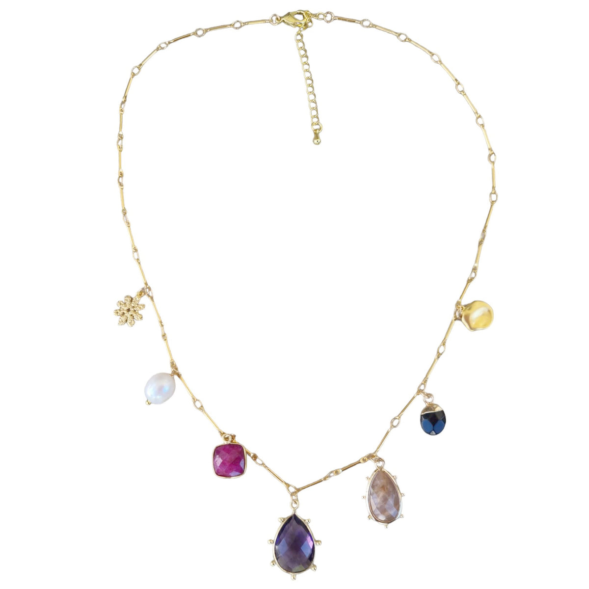 Treasured Charmed Amethyst, Sunstone, Ruby and Pearl Necklace