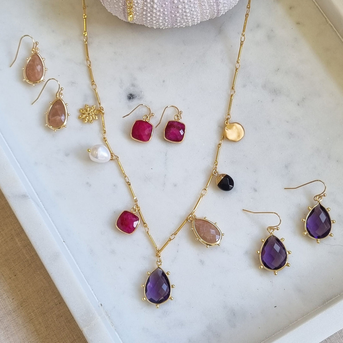 Treasured Charmed Amethyst, Sunstone, Ruby and Pearl Necklace