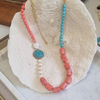 Turchese Apricot Coral, Keshi Pearl and Turquoise Necklace