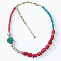 Turchese Apricot Coral, Keshi Pearl and Turquoise Necklace