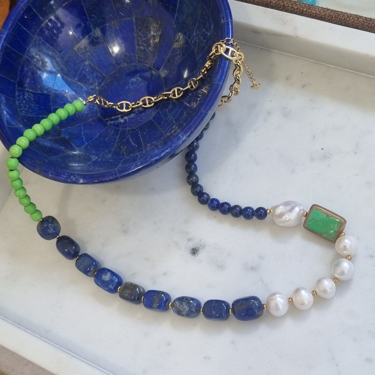 Turchese Lapis Lazuli, Green Turquoise and Keshi Pearl Necklace