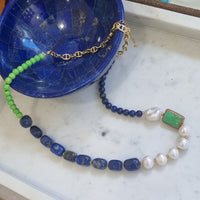 Turchese Lapis Lazuli, Green Turquoise and Keshi Pearl Necklace
