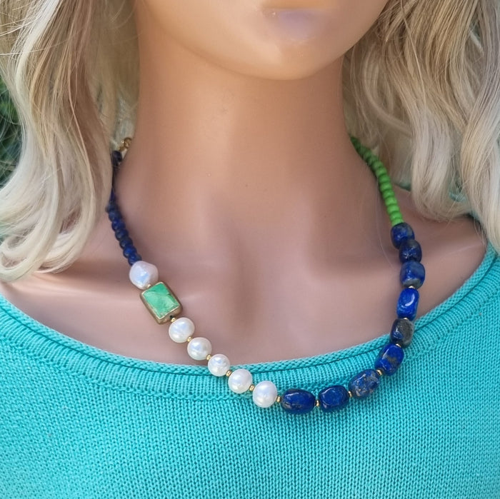 Turchese Lapis Lazuli, Green Turquoise and Keshi Pearl Necklace
