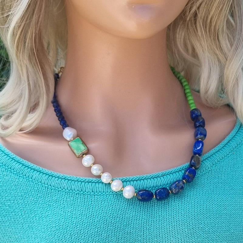 Turchese Lapis Lazuli, Green Turquoise and Keshi Pearl Necklace