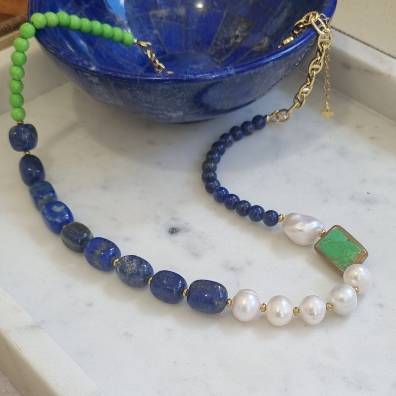 Turchese Lapis Lazuli, Green Turquoise and Keshi Pearl Necklace