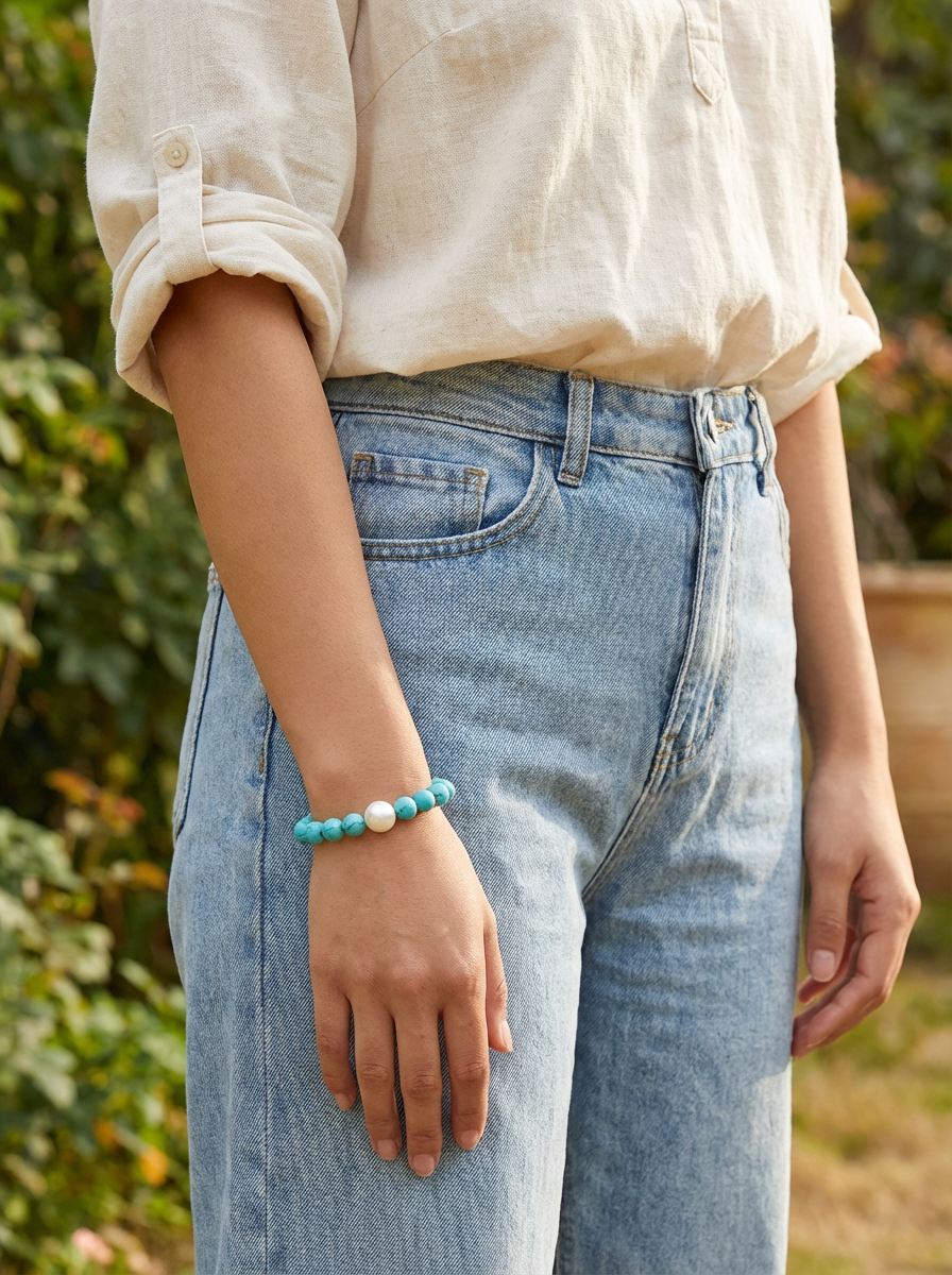 Turquoise and Freshwater Pearl Elastic Bracelet