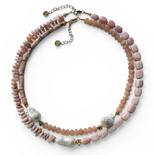 Umi Baroque Pearl necklaces Sunstone and Cherry Blossom Agate or Pink Opal 