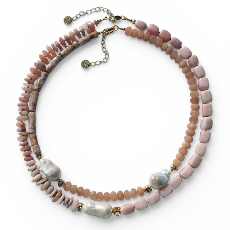 Umi Baroque Pearl necklaces Sunstone and Cherry Blossom Agate or Pink Opal 