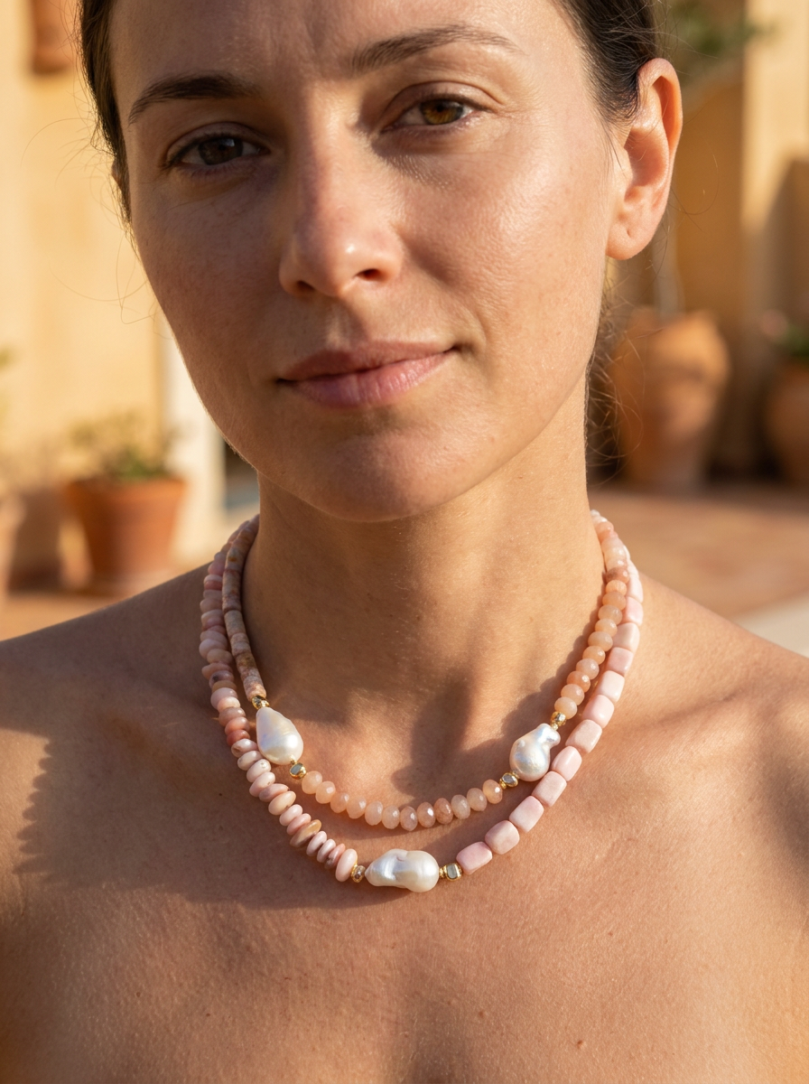 Umi Baroque Pearl necklaces Sunstone and Cherry Blossom Agate or Pink Opal