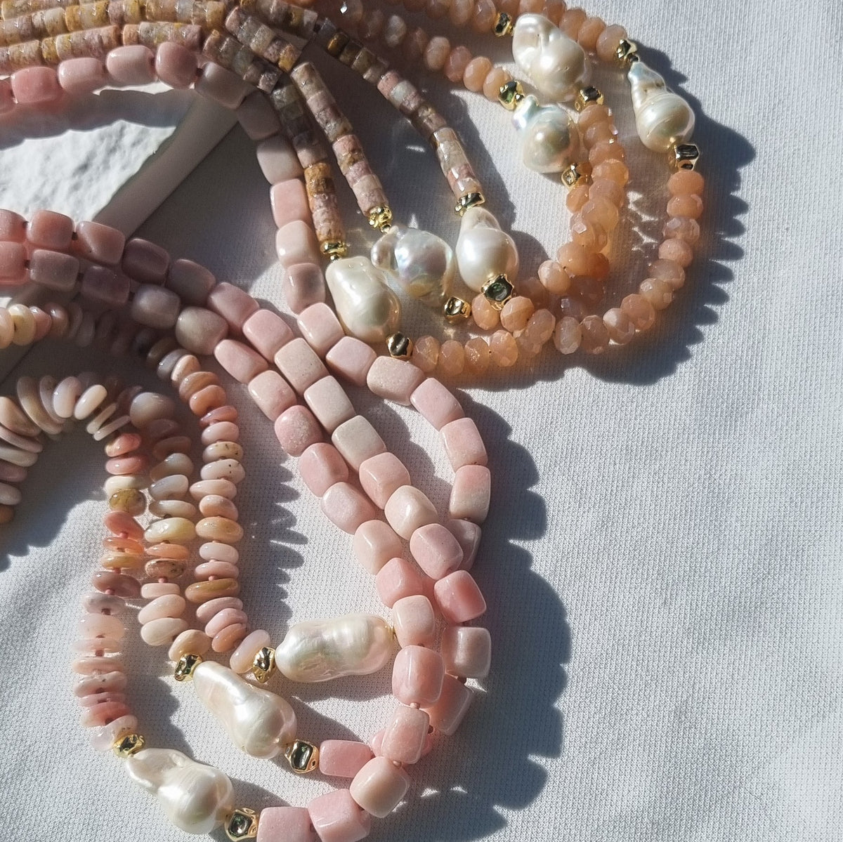 Umi Baroque Pearl necklaces Sunstone and Cherry Blossom Agate or Pink Opal
