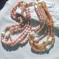 Umi Baroque Pearl necklaces Sunstone and Cherry Blossom Agate or Pink Opal