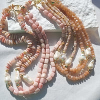 Umi Baroque Pearl necklaces Sunstone and Cherry Blossom Agate or Pink Opal