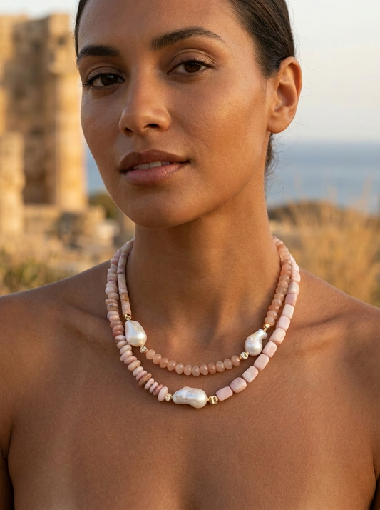 Umi Baroque Pearl necklaces Sunstone and Cherry Blossom Agate or Pink Opal 