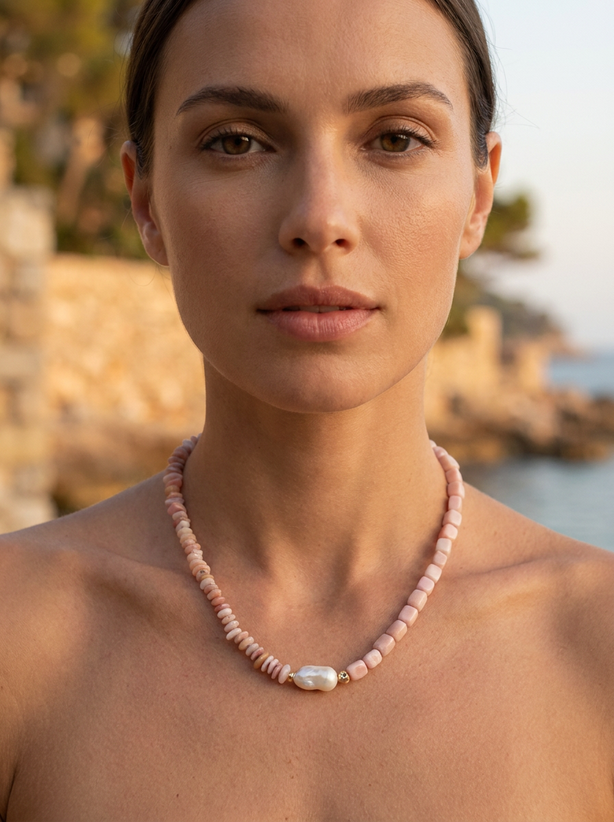 Umi Baroque Pearl necklaces Sunstone and Cherry Blossom Agate or Pink Opal sold seperatley