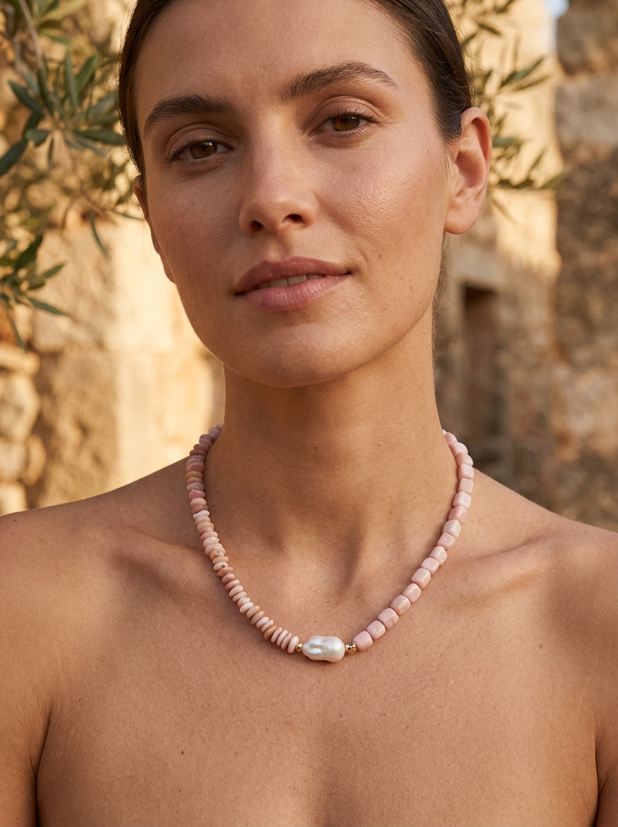Umi Baroque Pearl necklaces Sunstone and Cherry Blossom Agate or Pink Opal sold seperatley
