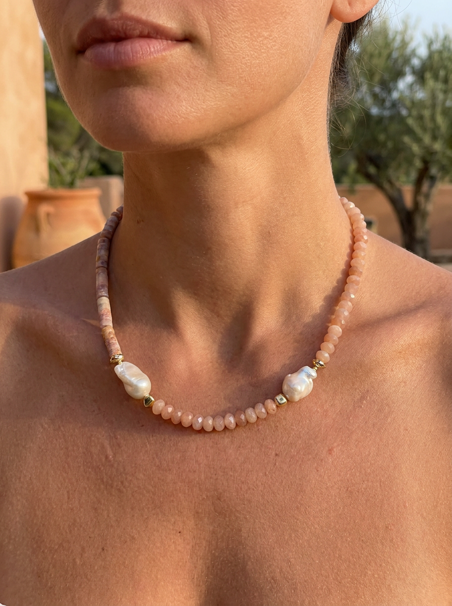 Umi Baroque Pearl necklaces Sunstone and Cherry Blossom Agate or Pink Opal sold seperatley