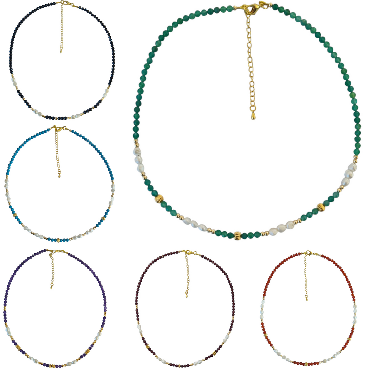 Tusei Gemstone and Pearl Necklace 13 gemstone variations