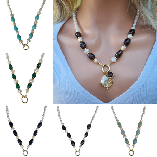 Brielle Pearl and Gemstone Necklace Available in 7 gemstones