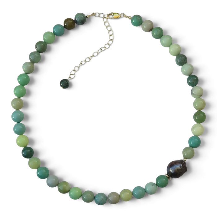 Veridis Green Grass Agate and Black Baroque Pearl Necklace